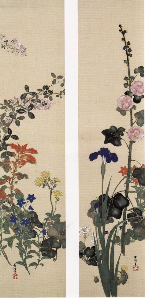 Kamisaka Sekka. Two Japanese floral hanging scrolls. Early 20th c. Rinpa School. Rinpa School, Kamisaka Sekka, Japanese Literature, Heian Period, Japanese Flower, Japanese Flowers, Art Japonais, Floral Garden, Japanese Art