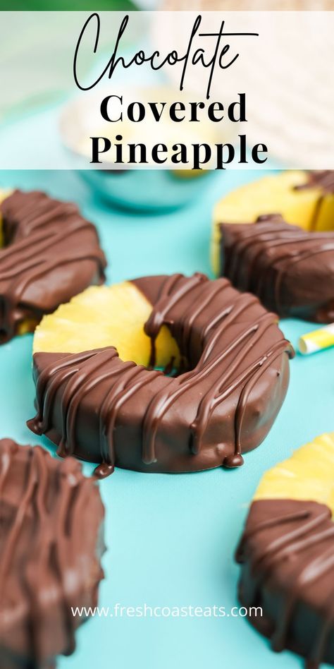 An image of chocolate covered pineapple rings on a Teal backdrop. Fruits Dipped In Chocolate Ideas, Cheesecake Dipped Pineapple, Dark Chocolate Dip, Dipped Pineapple Slices, Snacks With Pineapple, Pineapple Treats For Party, Chocolate Dipped Fruit Ideas, Dipping Fruit In Chocolate, Chocolate Dipped Pineapple Slices