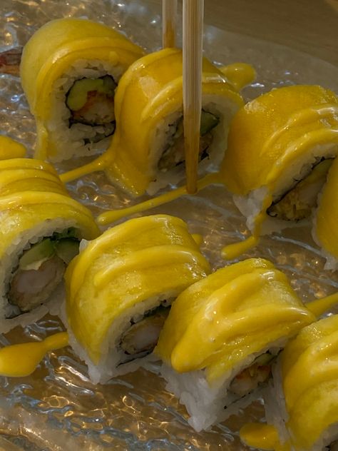 Summer Mango roll fromTokyo Noodle Shop in Edmonton, AB, Canada Mango Sushi, Noodle Shop, Noodles, Mango, Rolls, Diet, Stuffed Peppers