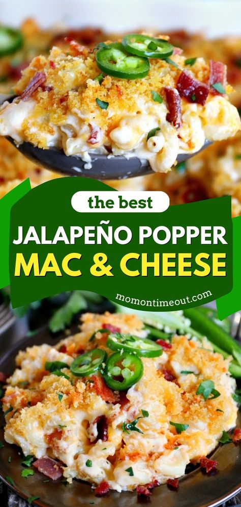 A homemade dinner recipe featuring macaroni and cheese! It will become one of your go-to comfort food! Creamy, cheesy, and loaded with bacon and jalapeños, this baked Jalapeño Popper Mac and Cheese is the BEST! Jalepeno Popper Mac And Cheese Recipe, Loaded Potato Mac And Cheese, Loaded Baked Potato Mac & Cheese, Jalepeno Bacon Macaroni And Cheese, Jalapeños Mac And Cheese, Dessert Mac And Cheese, Mac And Cheese Recipe Jalapeno, Stuffed Mac And Cheese, Chili Dog Mac And Cheese