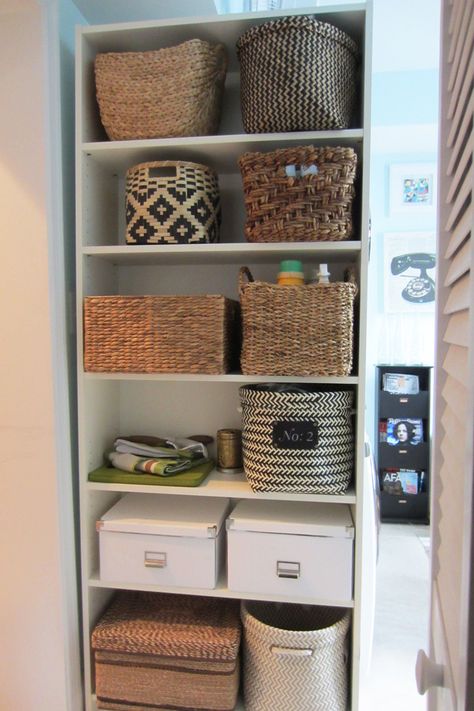 Billy Bookcase filled with baskets for pretty storage. Laundry. Multipurpose Guest Room, Shelf With Baskets, Guest Bedroom/office, Room Bookshelf, Baskets For Shelves, Pretty Storage, Apartment Makeover, Bookshelf Storage, Billy Bookcase