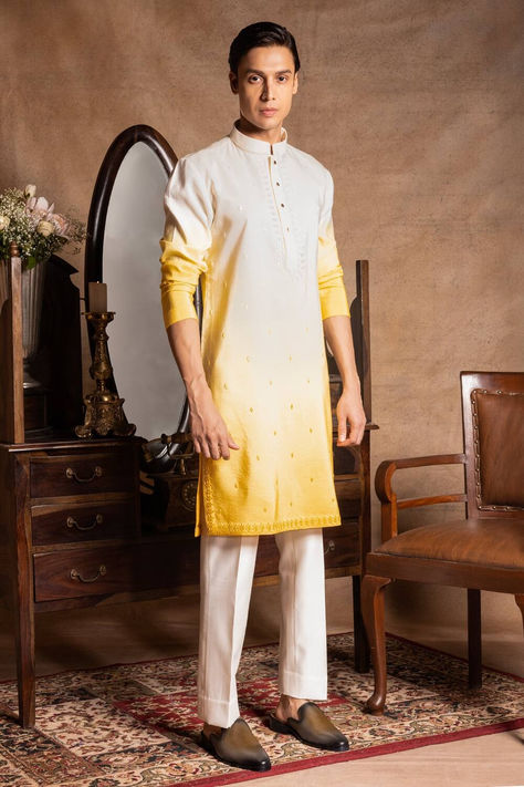 Amrit Dawani's Yellow Silk Embroidery Butti Ombre Kurta With Pant For Men Traditional Kurta For Men, Indo Western Outfits For Men, Traditional Indian Mens Clothing, Kurta Designs Men's, Haldi Dress, Boys Kurta Design, Haldi Outfits, Indian Groom Wear, Wedding Dresses Men Indian