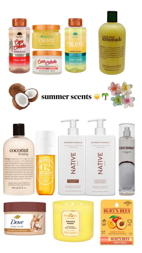 a collage of bright summer-y, pineapple coconut self care products Aesthetic Pineapple, Self Care Body, Scent Combos, Summer Vibes Aesthetic, Summer Scents, Summer Scent, Pineapple Coconut, Shea Body Butter, Body Butter