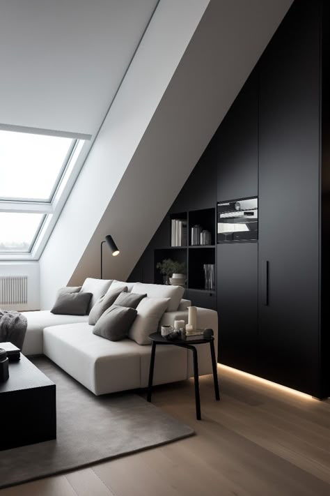 This modern black and white interior is perfect for a minimalism lover. The cabinets and shelves are slanted along the ceiling. The roof top windows give light to the white sofa with pillows, coffee table, black small side table, grey rug and wooden floor. Attic Tv Room, Gray Floors Bedroom, Slanted Ceiling Living Room, Attic Living Room, Living Room Minimal, Attic Bedroom Storage, Slanted Ceiling, Attic Apartment, Future Apartment Decor