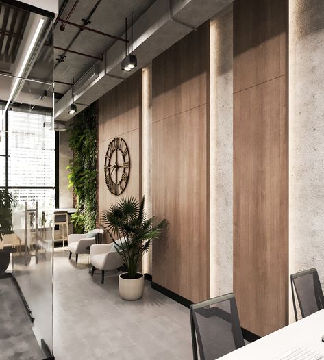 Industrial Company Lahmim on Behance Office Wall Cladding Ideas, Meeting Room Modern Design, Office Wall Cladding, Office Interior Design Industrial, Office Lobby Interior Design, Industrial Lobby, Industrial Interior Design Office, Office Lobby Interior, Reception Interior