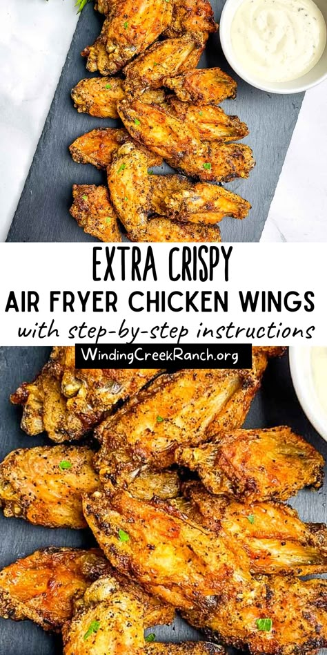 Air fryer chicken wings with baking powder are the crispiest chicken wings you will ever make. They are super easy to make, and the cook time is only about 30 minutes. The final result is wings that are crispy and flavorful on the outside and tender and juicy on the inside. Because they are cooked in an air fryer, hardly any oil is used, and cleanup is a breeze! Toss them in your favorite sauce, or serve as is, lightly seasoned, with your favorite wing sauce. Chicken Wings With Baking Powder, Wings With Baking Powder, Chicken Wings In Air Fryer, Chicken Breast Instant Pot Recipes, Wings In Air Fryer, Crispy Air Fryer Chicken Wings, Air Fryer Recipes Chicken Wings, Air Fryer Baking, Crispy Air Fryer Chicken