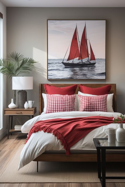 Red Coastal Decor, Red Accents Bedroom, Bedroom With Red Accents, Red Accent Bedroom, Red White And Blue Bedroom, Blue Themed Bedroom, Red Sailboat, Elegant Coastal Decor, Sims Interior