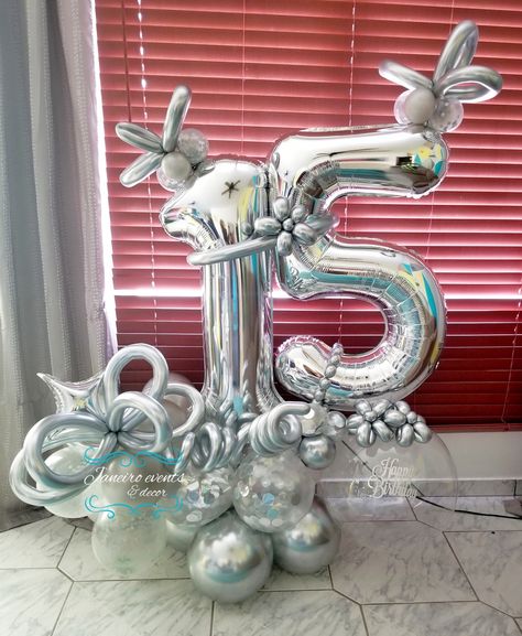 Silver Balloon Bouquet, 15 Birthday Balloon Bouquet, Silver Balloon, Birthday Balloon Decorations, Balloon Columns, Number Balloons, 15th Birthday, Balloon Decorations Party, Balloon Bouquet