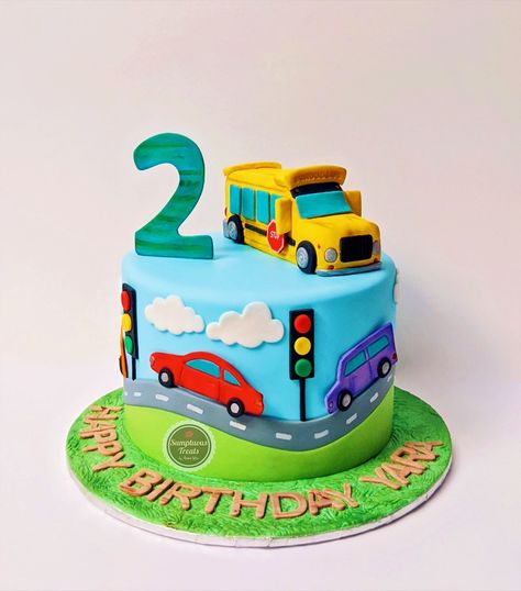 Transportation Themed Cake, Bus Cakes For Boys, Second Birthday Cake Boy, Transportation Cakes For Boys, Bus Theme Cake, Thomas Birthday Cakes, Cars Cake Design, Bus Cake, Pastel Rainbow Cake