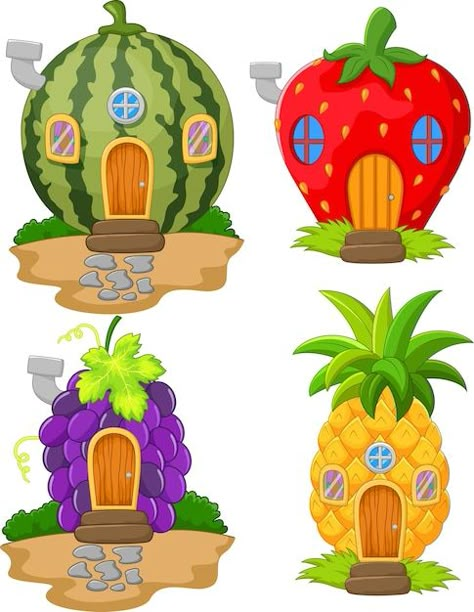 Drawing Scenery, House Cartoon, Fruit Cartoon, Fruit Vector, School Wall Art, Cartoon House, Soyut Sanat Tabloları, Fruit Illustration, Cartoon Background