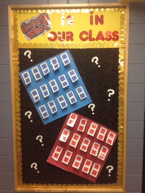 Here's my version of the "guess who" bulletin board for the beginning of the year. Guess Who Classroom Display, Guess Who Door Decorations, Guess Who Bulletin Board Teachers, Board Game Theme Classroom Doors, Guess Who Bulletin Board Ideas, Game Theme Classroom Decor, Guess Who Bulletin Board, Game Bulletin Board Ideas, Game Bulletin Board