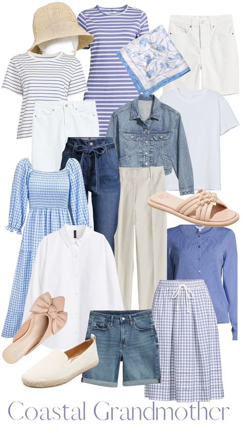 Blue and white Coastal Grandmother fashion Costal Grandmother Clothes, Blue Spring Outfits Women, Coastal Grandmother Style Clothing, Costal Grandma Aesthetic Outfits Fall, Coastal Grandmother Summer Outfits, Coastal Granny Style, Coastal Grandmother Capsule Wardrobe, Coastal Grandmother Fashion, Coastal Mom Outfits