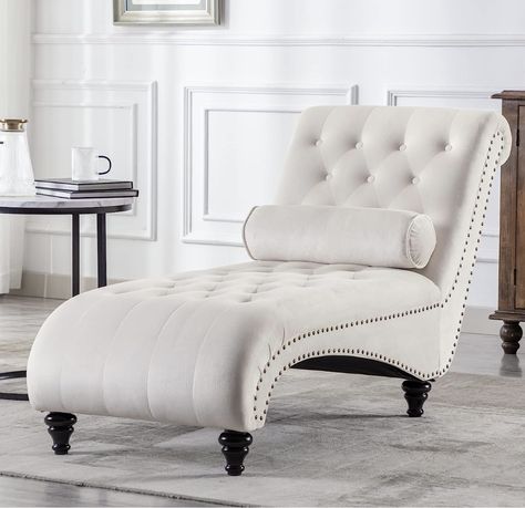 ONPNO Tufted Velvet Chaise Lounge Indoor, Leisure Accent Chair Upholstered Couch with Toss Pillow for Bedrooom Living (White) 55.1D x 25W x 34.3H in Room Couch Ideas Bedrooms, Modern Recliner Sofa, Chaise Lounge Indoor, Tufted Chaise Lounge, Velvet Chaise, Velvet Chaise Lounge, Upholstered Chaise Lounge, Modern Recliner, Upholstered Couch