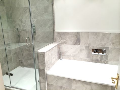 Fantastic way to have shower and bath side by side no wasted space Gray Shower Tile, Master Bath Renovation, Modern Luxury Bathroom, Bath Tile, Small Bathroom Layout, Small Bathtub, Shower And Bath, Cottage Bathroom, Bathroom Shower Tile