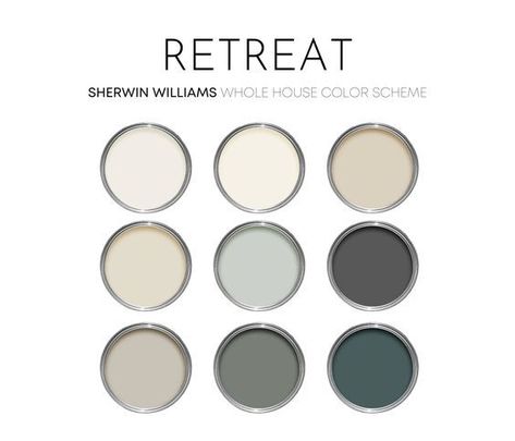 Retreat Sherwin Williams Paint Palette - Modern Neutral Interior Paint – Millie Hart Interiors Wherein Williams Paint Palette, Lime Wash Sherwin Williams, Portsmouth Sherwin Williams, Neutral Home Paint Colors, Studio Clay Sherwin Williams, Green Lake House, Retreat Sherwin Williams, Modern Paint Palette, Best Sherwin Williams Paint Colors