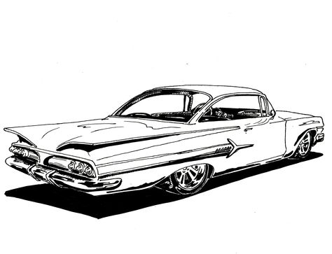 1960 CHEVROLET IMPALA .. Sharpie Marker... by Jim Porterfield Impala Drawing, Chevrolet Impala 1960, 60 Impala, 1960 Impala, Lowrider Drawings, 59 Chevy Impala, Car Drawing Pencil, Impala Car, Race Car Coloring Pages