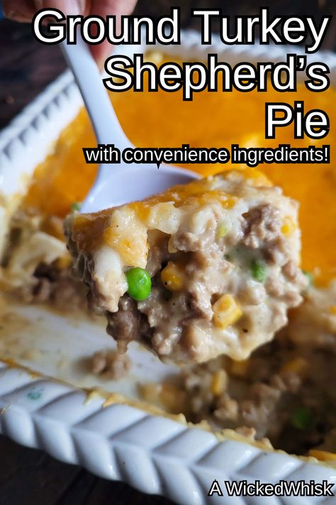 When it comes to a fast and easy 30 minute meal, this Ground Turkey Shepherd's Pie is the BEST! Made with ground turkey, cream of chicken soup, store bought pre-cooked mashed potatoes, veggies and shredded cheese, this is one classic comfort food recipe that your family will love. Shepherds Pie With Cream Of Mushroom, Ground Turkey Cream Of Chicken, Ground Chicken Shepherds Pie, Ground Turkey Shepherds Pie Recipe Easy, Frozen Ground Turkey Recipes, Turkey Shepards Pie, Ground Turkey Shepherd's Pie, Sheppards Pie Recipe, Turkey Shepherds Pie Recipe