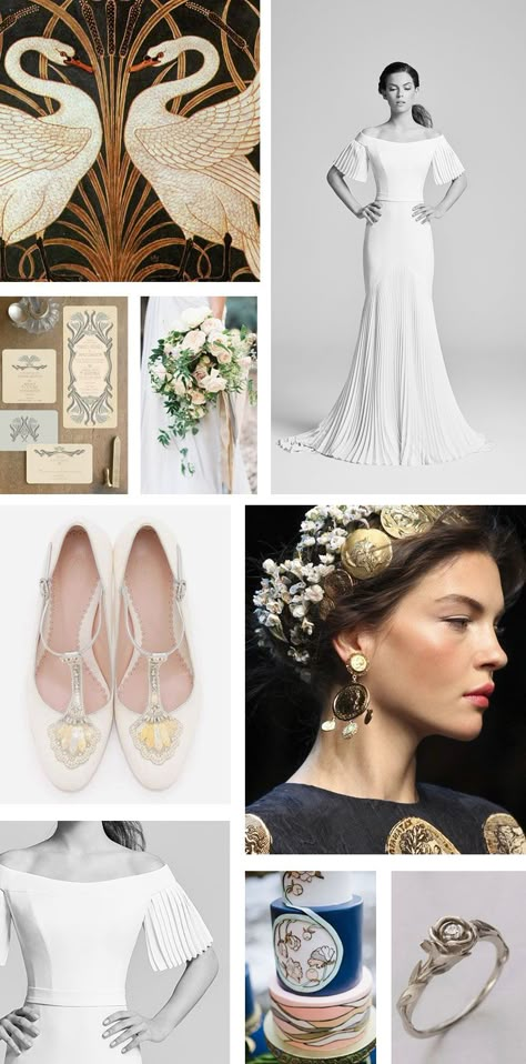 Monday Moodboard - Art Nouveau wedding dress inspiration Art Nouveau Shoes, Art Nouveau Wedding Theme, Art Nouveau Wedding Decorations, Moodboard Wedding, Art Nouveau Wedding, Art Nouveau Wedding Dress, Art Nouveau Dress, Art Nouveau Wedding Invitation, Suzanne Neville Wedding Dresses