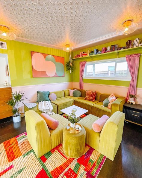 Dazey Den by Dani Dazey’s Instagram profile post: “The official @dazey_bungalow DEN ✨ We decided we didn’t need the master bedroom to actually be a bedroom and would rather create a second…” Dani Dazey, Green Love, Dream Living, Modular Sectional, The Master, Kitsch, Bungalow, Loft Bed, Sectional