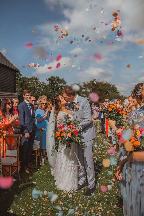 Hitchin Barn Wedding The Wardette Studio Confetti Throw #wedding #confetti Colorful Fun Wedding, Cheap Colorful Wedding, Bright Color Wedding Decor, Wedding Flower Confetti, Colourful Summer Wedding, Wildflower Confetti Wedding, Colourful Wedding Photography, Diy Flower Confetti, Colorful Wedding Photos