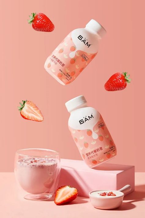 Dry Fruits Poster Design, Strawberry Milk Packaging, Smoothie Packaging Design, Strawberry Packaging Design, Milk Product Photography, Social Media Product Post, Fruit Juice Brands, Food Product Photography, Product Sticker