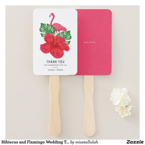 Hibiscus and Flamingo Wedding Thank You Hand Fan Wedding Paddle Fans, Personalized Wedding Fans, Split Leaf Philodendron, Fans Wedding, Flamingo Wedding, Fan Wedding Favors, Red Hibiscus, Wedding Fans, Gifts For Wedding