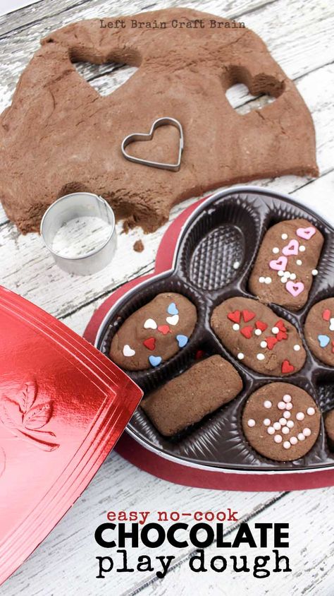 Play with chocolate instead of eating it with this Easy No-Cook Chocolate Playdough! You and the kids will love the delicious chocolate scent of this chocolate play dough recipe. Plus, they'll have tons of fun turning it into chocolates in a real Valentine chocolate box.