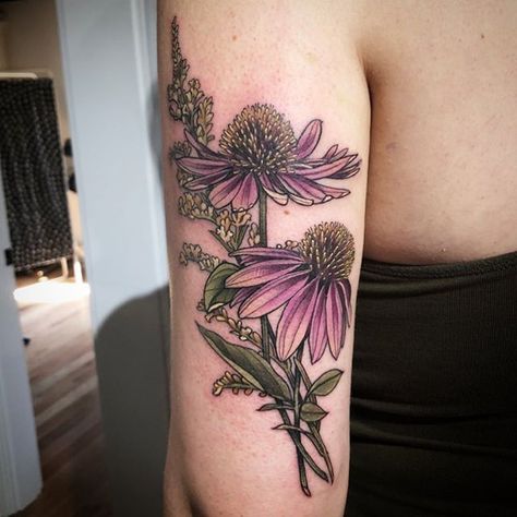 Colour Flower Tattoo Designs, Flower Tattoos Shaded, Cone Flower Tattoo, Echinacea Tattoo, Neotrad Flowers, Coneflower Tattoo, Botanical Tattoo Vintage, Cottagecore Tattoos, Echinacea Flower