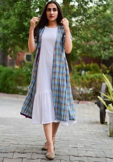 Cotton jacket-kurti Frock With Jacket Western, Cotton Kurti With Shrug, Shrug For Frocks, Cotton Shrugs Jackets, Cotton Frock With Jacket, Cotton Shrugs Indian, Kurti With Jacket Indian, Frocks With Jackets, Jacket Kurti Designs