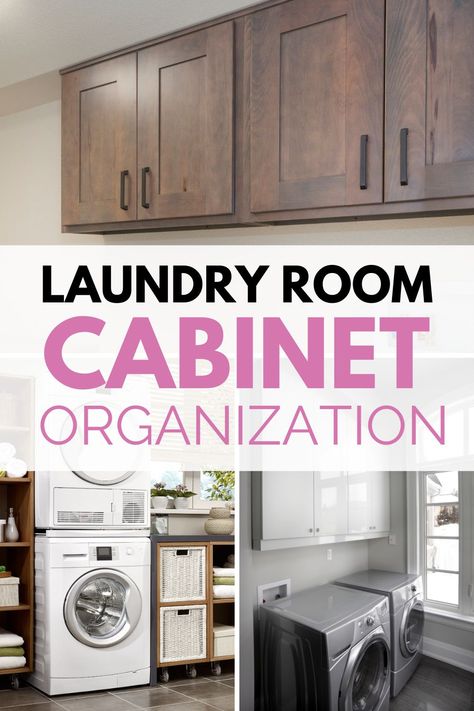 If despite your best efforts your laundry room cabinets are still a disaster you're not alone. In this post, we'll explore solutions for high laundry room cabinets and the best way to organize them. #laundryroomcabinets #laundryroom #laundryroomorganization #cabinetorganization #homeorganizing #beautifullorganized Removing Cabinet Doors For Open Shelving Laundry Room, What To Put In Laundry Room Cabinets, Laundry Room Hanging Rack Between Cabinets, What To Store In Laundry Room Cabinets, Laundry Room Ideas Organization Cabinets, Laundry Cabinet Organization Ideas, Laundry Cabinets Organization, Laundry Room Base Cabinets, How To Organize Laundry Room Cabinets