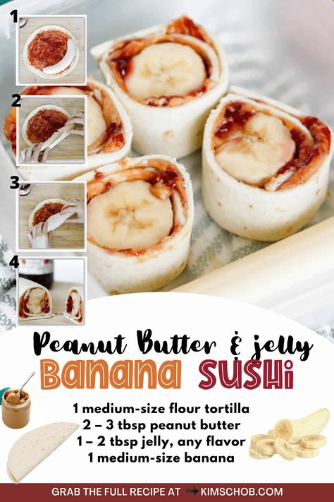 Peanut Butter Jelly Sushi Rolls, Peanut Butter Banana Sushi Roll, Banana Wrap Peanut Butter, Banana Sushi Kids, Banana Sushi Rolls, Peanut Butter Banana Recipes, Preschool Food, Kid Sandwiches, Kids Lunch Box Meals