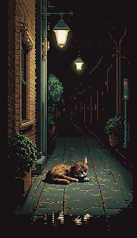 Cat on sidewalk, digital art, pixel art. Pxl Art Wallpaper, Cat Wallpaper Pixel, Cat Pixel Wallpaper, Pixel 8 Wallpaper, Cat Pixel Art Wallpaper, Pixeled Wallpaper, 8 Bit Art Wallpaper, Dark Pixel Wallpaper, Cute Pixel Art Wallpaper