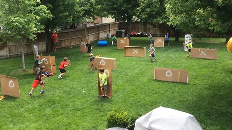 Battle Backyard Laser Tag Party, Gel Blaster Party, Backyard Nerf Battlefield, Nerf Wars Battlefield Diy, Nerf Wars Battlefield, Diy Nerf Battlefield, Battle Party, Laser Tag Party, 7th Birthday Party Ideas