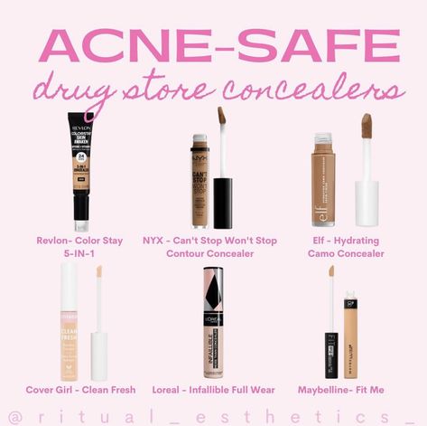 Acne Safe Drugstore Powder, Acne Safe Makeup Products Drugstore, Acne Safe Makeup Drugstore, Acne Safe Contour, Acne Safe Drugstore Makeup, Acne Safe Makeup, Makeup Acne, Drugstore Concealer, Safe Makeup