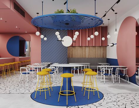 Peach Cafe & Bar on Behance Cafe Bar Interior, Modular Floor Plans, Colorful Restaurant, Bar Interior Design, Memphis Design, Bar Interior, Cafe Interior Design, Restaurant Interior Design, Store Interior