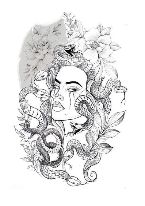 Medusa Tattoo With Flowers, Tattoos Sketches, Half Sleeve Tattoos Sketches, Side Thigh Tattoos, Medusa Tattoo Design, Hand Tattoos For Girls, Back Piece Tattoo, Forarm Tattoos, Witch Tattoo