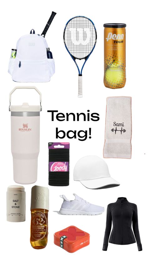 Tennis Bag Essentials, Aesthetic Bag, Tennis Aesthetic, Salt Stone, Tennis Bag, Aesthetic Bags, Bag Essentials, Essential Bag, Tennis