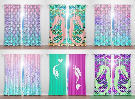 Mermaid Curtains, Mermaid Scales Curtains, Mermaid Fabric Valance, Window Curtain Panels Mermaid Curtains, Curtains Amazon, Rag Curtains, Hanging Door Beads, Peaceful Room, Fabric Valance, Rideaux Boho, Tropical Curtains, Cortinas Boho