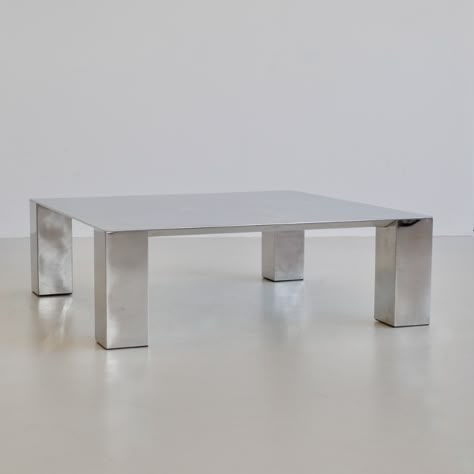 Coffee table designed by Giovanni OFFREDI for SAPORITI, 1970s | Space + Chrome Square Glass Coffee Table, Adjustable Coffee Table, Silver Coffee Table, Steel Furniture Design, Stainless Steel Coffee Table, Italian Dining Table, Round Pedestal Dining, Round Pedestal Dining Table, Stainless Steel Furniture