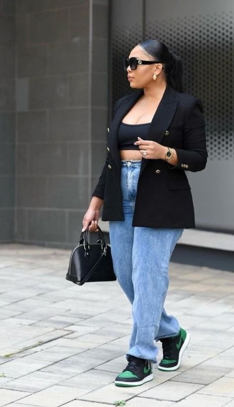 Blazer Jeans And Jordans Outfit, Blazer With Sneakers Women Black Women, Date Night Sneakers Outfit, Blazer And Jeans Outfit Black Women, Trina Rapper Outfits, Jeans And Sneakers Outfit Black Women, Casual Spring Outfits Black Women Sneakers, Blazer Jeans And Sneakers Outfit, Blazer And Jeans Outfit Women Classy