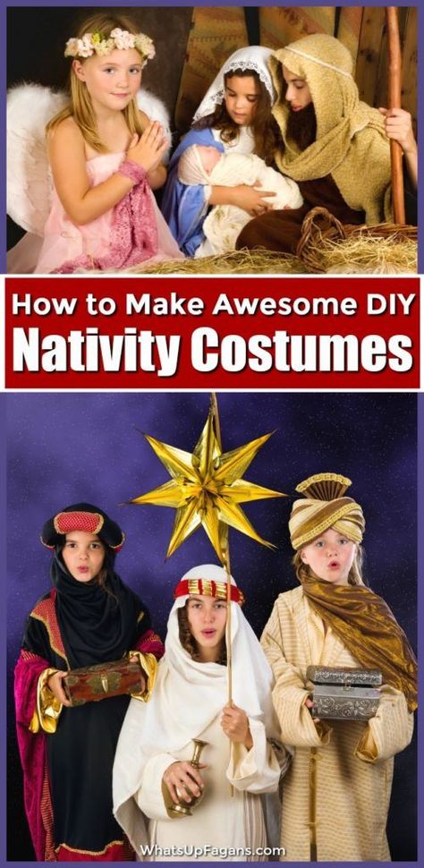 If you are acting out the Christmas story, chances are you want some awesome nativity costumes to go along with its telling. Well, this post is all about where to find nativity costumes and how to make your own nativity costumes for both adults and kids! Acting out the nativity story found in Luke 2 is a favorite Christmas tradition for many families and churches. #nativity #jesus #christmasstory #christmas #christmaseve #holidays #costumes #christmasplay #diy #homemade Nativity Dress Up Ideas, Diy Mary Costume Nativity, Navitity Scene Diy, Bethlehem Scene For Play, Christmas Pageant Costumes, Diy Wiseman Costume Kid, Diy Shepherd Costume Kids, Joseph Costume Nativity, Mary Nativity Costume Diy