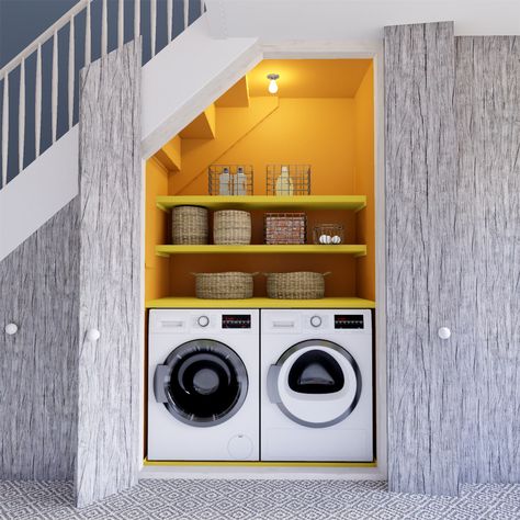 Under Stairs Space, Under Stairs Nook, تحت الدرج, Under Stairs Storage, Stair Renovation, Stairs Storage, Tiny Laundry Rooms, Staircase Storage, Modern Laundry Rooms