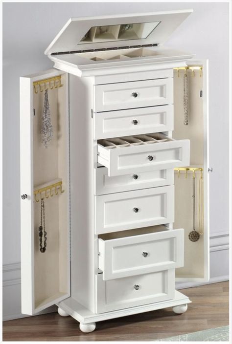 Hidden side storage Drawers Closet, White Jewelry Armoire, Armoire Design, Armoire Entree, Armoire Cabinet, Jewerly Organizer, Armoire Dressing, Jewelry Cabinet, Organize Drawers