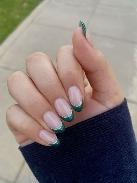 French Tip Nails With Green Accent, French Emerald Green Nails, Save Green French Tips, Moss Green French Tip Nails, Green Fresh Tip Nails, Cute Simple Hoco Nails, Green And White French Nails, French Nails With Green Tips, Green Hoco Nails Short