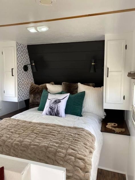 Rv Bed Remodel, Camper Makeover Bedroom, Update Camper Interior, 5th Wheel Bedroom Remodel, Black And White Rv Interior, Travel Trailer Bedroom Ideas, Rv Remodel Bedroom, Camper Headboard Ideas, Bunkhouse Travel Trailer Remodel