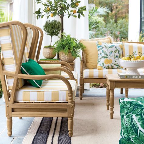 Find your spring style with fresh and bright yellow decor. Make the most of your patio this season with citrus infused outdoor decor, teak furniture, outdoor rugs and backyard ideas from Ballard Designs. Recycler Diy, Patio Table Decor, Used Outdoor Furniture, Terrasse Design, Outdoor Furniture Ideas, Painting Wooden Furniture, Teak Patio Furniture, White Furniture Living Room, Teak Outdoor Furniture