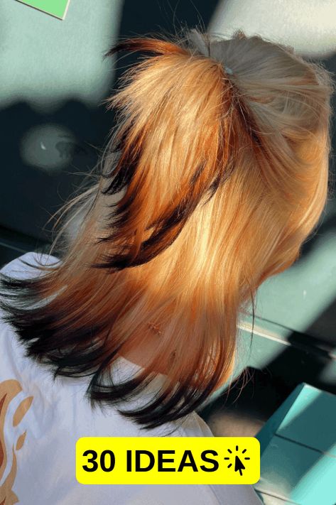 fox haircuts, bold hairstyles, runwayready Redhead Hair Dye Ideas, Orange And Blonde Balayage, Orange Blonde And Black Hair, Blond With Colored Tips, Ginger Raccoon Tails Hair, Black Roots Orange Hair, Hair Dye Ideas With Blonde, Black Ends Hair Dip Dye, Blonde Hair With Orange Tips