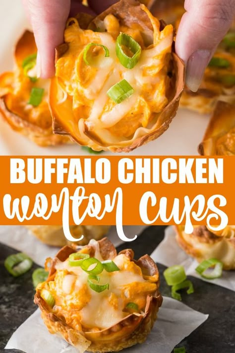 Buffalo Chicken Wonton Cups - Tender chicken is smothered in a creamy, peppy sauce in a crispy wonton shell. Enjoy all the flavors of Buffalo Wings without the messy fingers! #ad #buffalochicken #wontoncups Wonton Buffalo Chicken Cups, Buffalo Wonton Cups, Buffalo Chicken Won Tons, Bbq Chicken Wonton Cups, High Protein Wonton Recipes, Buffalo Chicken Dip Wontons, Buffalo Chicken Dip Wonton Cups, Buffalo Chicken In Wonton Wrappers, Southwest Chicken Wonton Cups