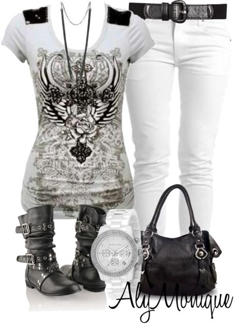 Rockstar Style, Biker Chic, Rocker Chic, Komplette Outfits, White Pants, Look Chic, Ripped Jeans, Look Fashion, Black Pants