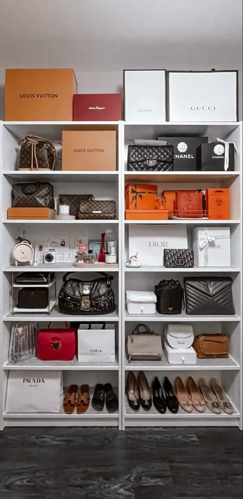 Display Designer Boxes In Closet, Ikea Billy Bookcase For Bags, Walk In Closet Purse Display, Shoes Bags Closet, Billy Bookcase Purse Storage, Bookshelf Purse Display, Shoe And Accessory Closet, Handbags Rack Ideas, Designer Bag Display Closet